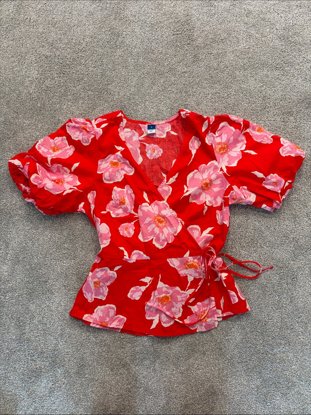 Old Navy Red Wrap Blouse with Pink Floral Print